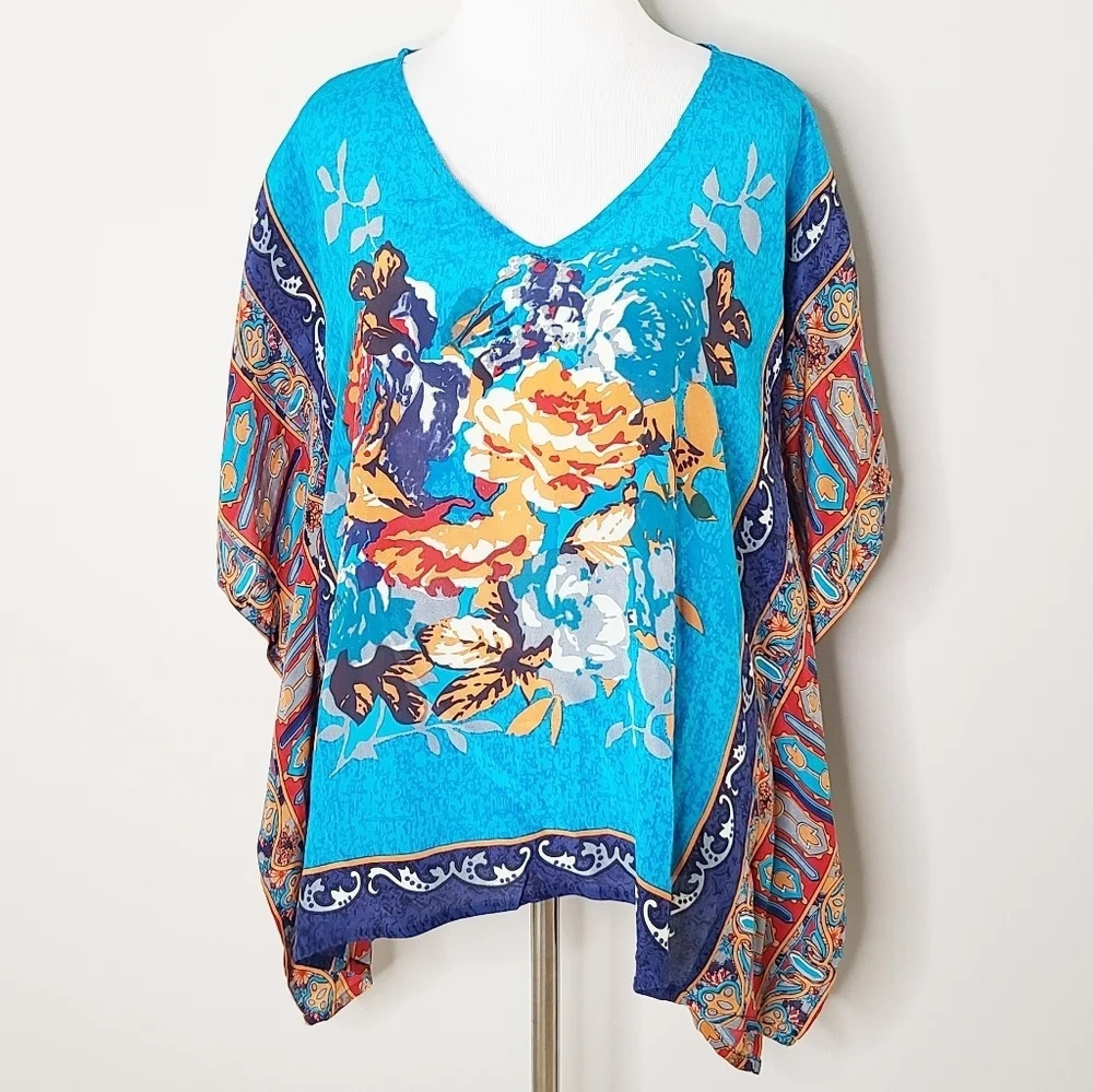 Tolani Boho Blue Silk Handkerchief Floral Top S